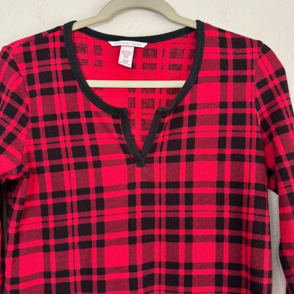 Victoria Secret Red Black Plaid Thermal Pajama Set Henley Jogger S